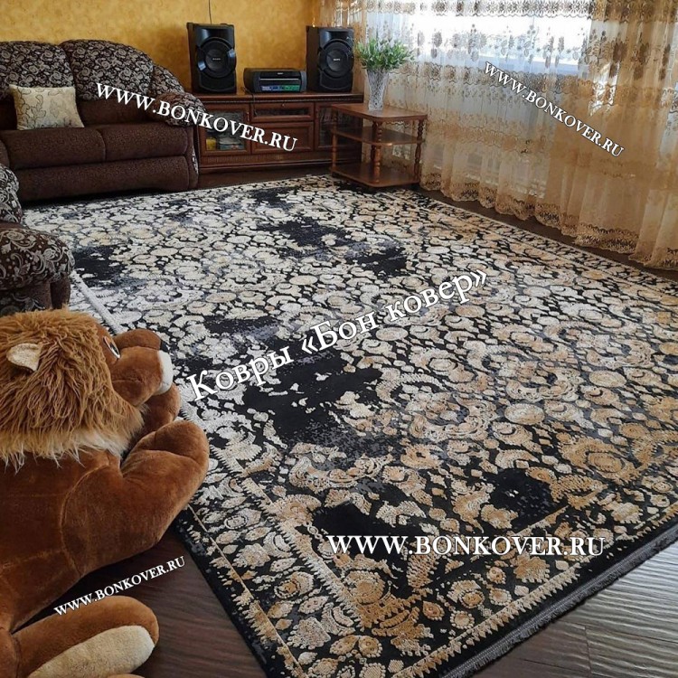 Современный Турецкий Ковер Дизайн 30588 Черный с Золотым